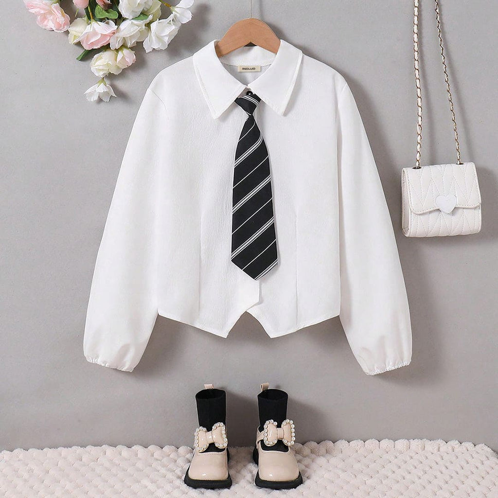 Girls White Puff Sleeves Solid Shirt with Tie Shirts White 8-9 Y 