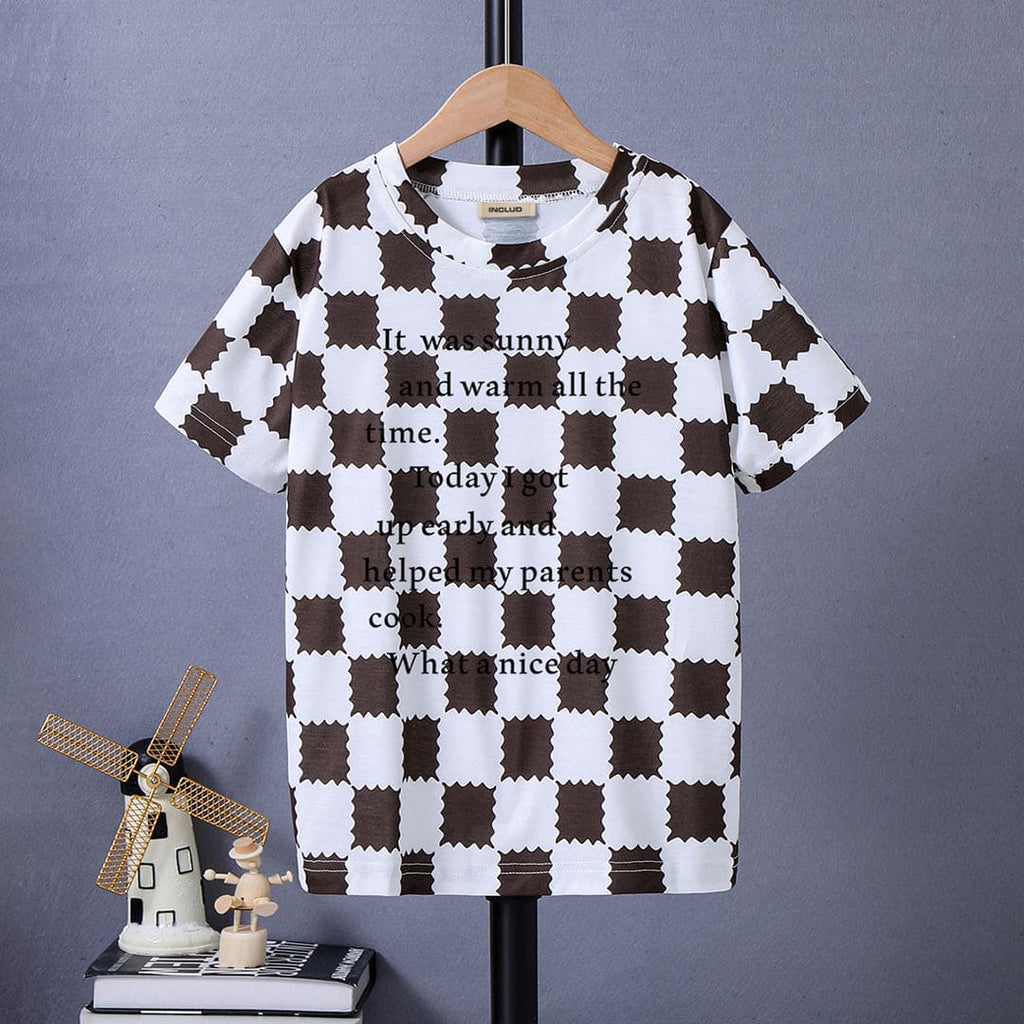 Boys Checkered Print Short Sleeves T-shirt Tshirts White 8-9 Y 