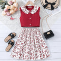 Girls Peter Pan Collar Top with Floral Print Skirt Set Sets Red 8-9 Y 