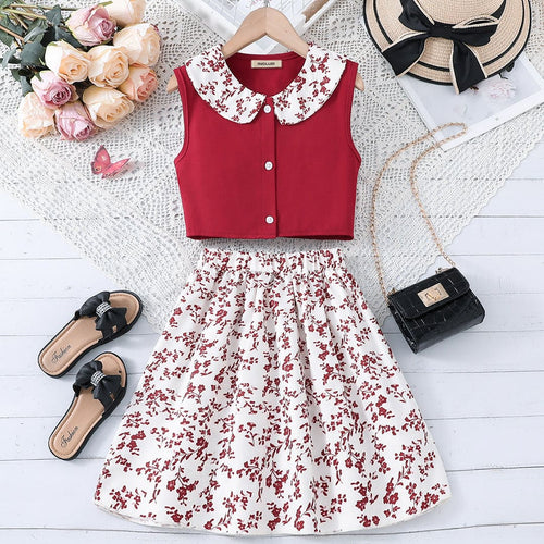 Girls Peter Pan Collar Top with Floral Print Skirt Set Sets Red 8-9 Y 