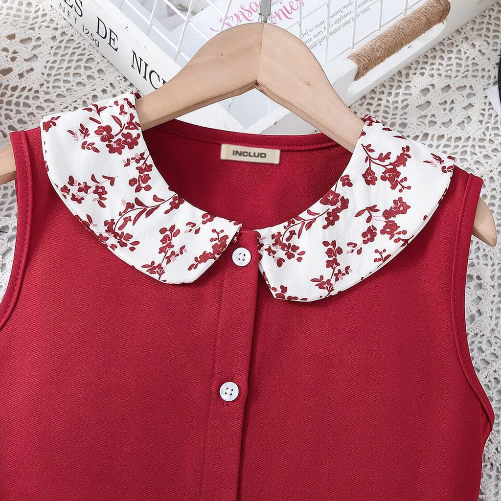 Girls Peter Pan Collar Top with Floral Print Skirt Set Sets   