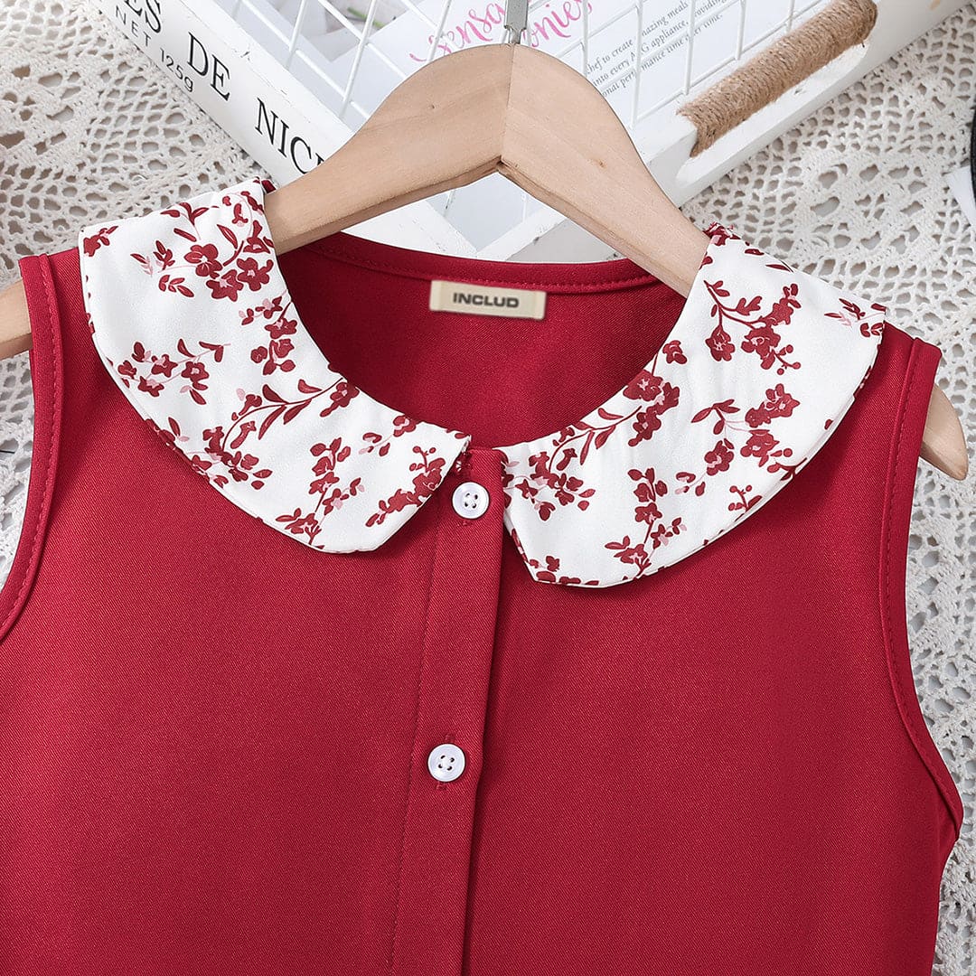 Girls Peter Pan Collar Top with Floral Print Skirt Set Sets   