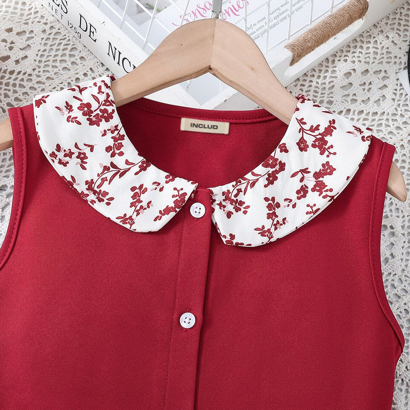 Girls Peter Pan Collar Top with Floral Print Skirt Set Sets   