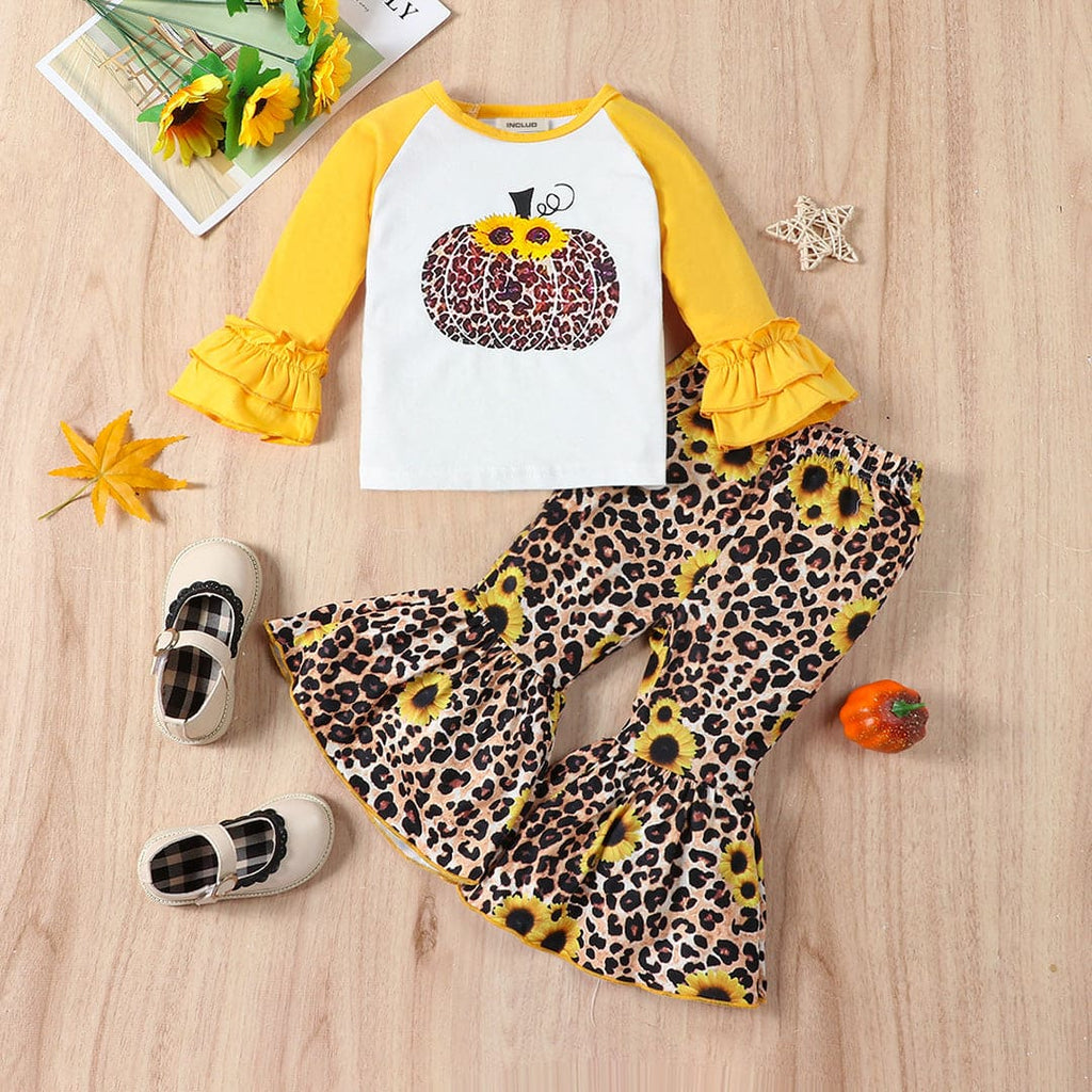 Girls Pumpkin Print Raglan Sleeves Top with Printed Flared Pants Sets White 1-2 Y 