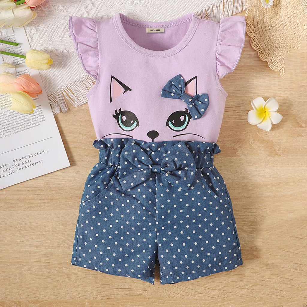 Girls Cartoon Top with Polka Dot Print Shorts Set Sets Purple 1-2 Y 