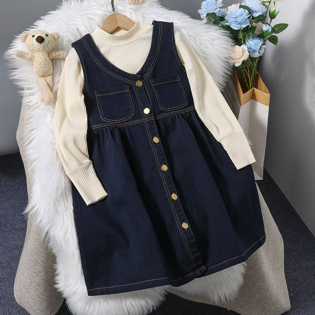 Girls Blue Full Sleeves Denim Pinafore Dress Casual Dresses Blue 5-6 Y 