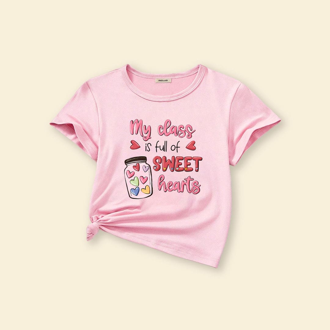 Girls Pink Graphic Printed Short Sleeves T-shirt Tshirts   