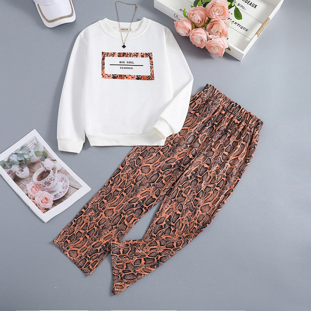 Girls White Printed Sweatshirt with Pants Set Sets White 8-9 Y 