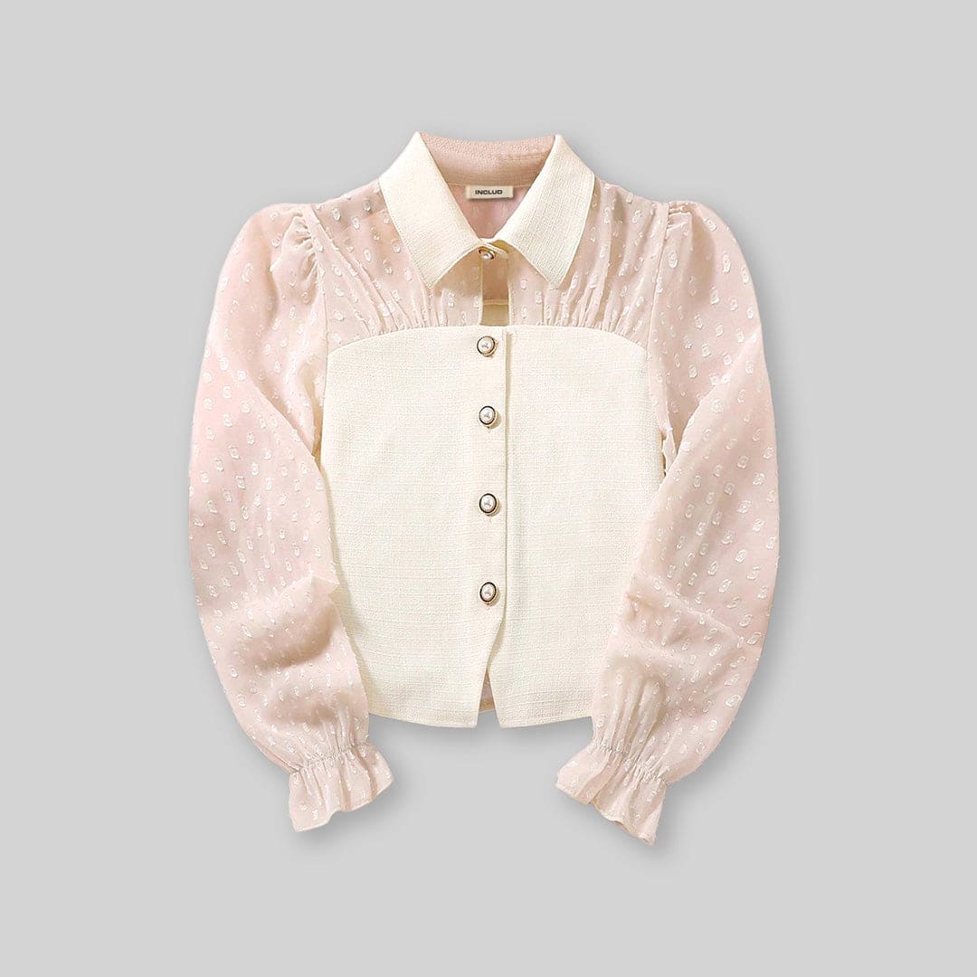 Girls Off White Puff Sleeves Casual Shirt Shirts   