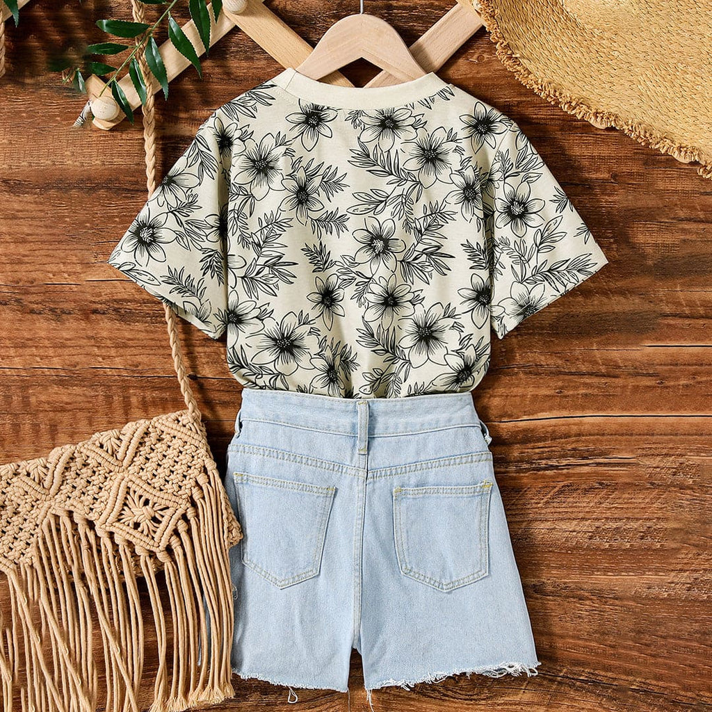 Girls Off White Floral Print T-shirt Sets   