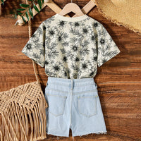 Girls Off White Floral Print T-shirt Sets   