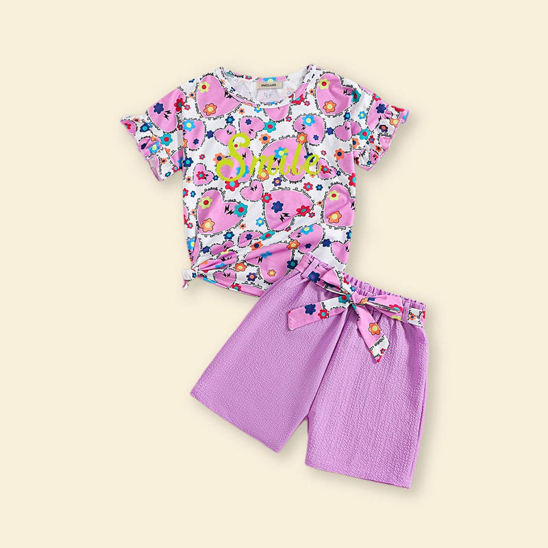 Girls Purple All Over Printed Top with Shorts Set Sets   