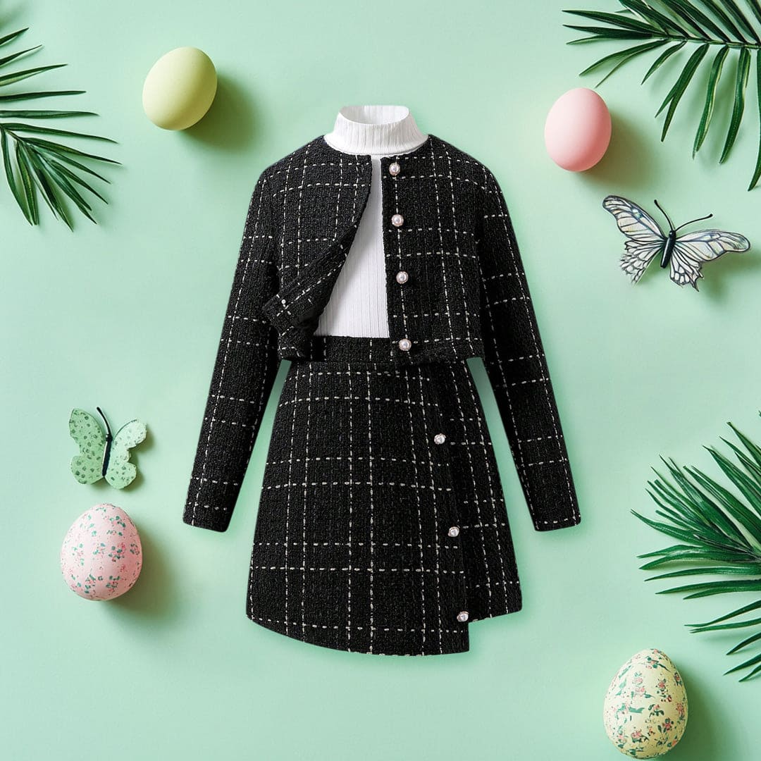 Girls Black High Neck Top with Textured Overlap Skirt & Waistcoat Set Sets Black 7-8 Y 