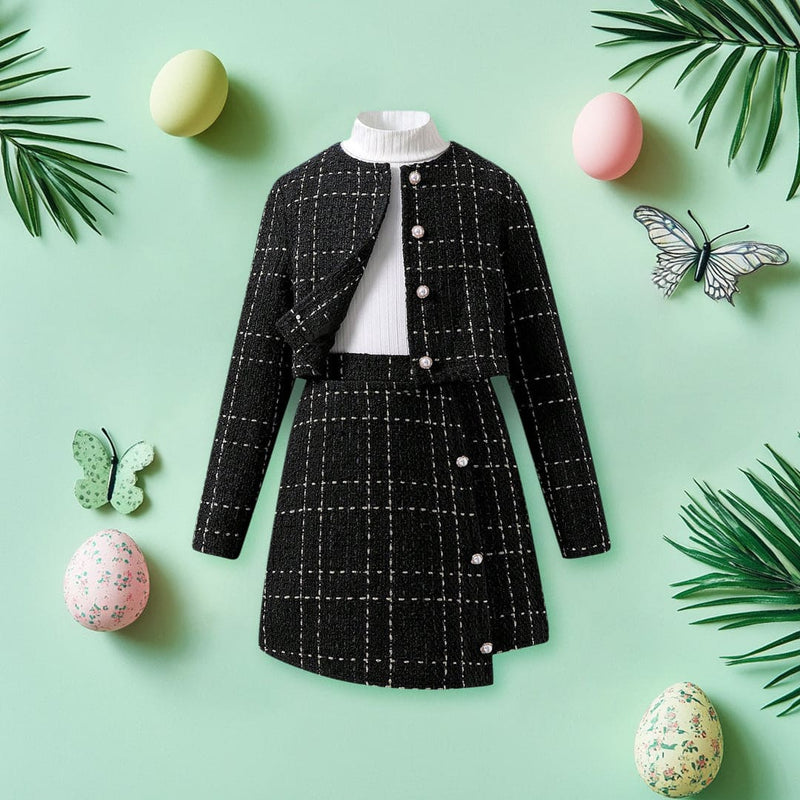 Girls Black High Neck Top with Textured Overlap Skirt & Waistcoat Set Sets Black 7-8 Y 