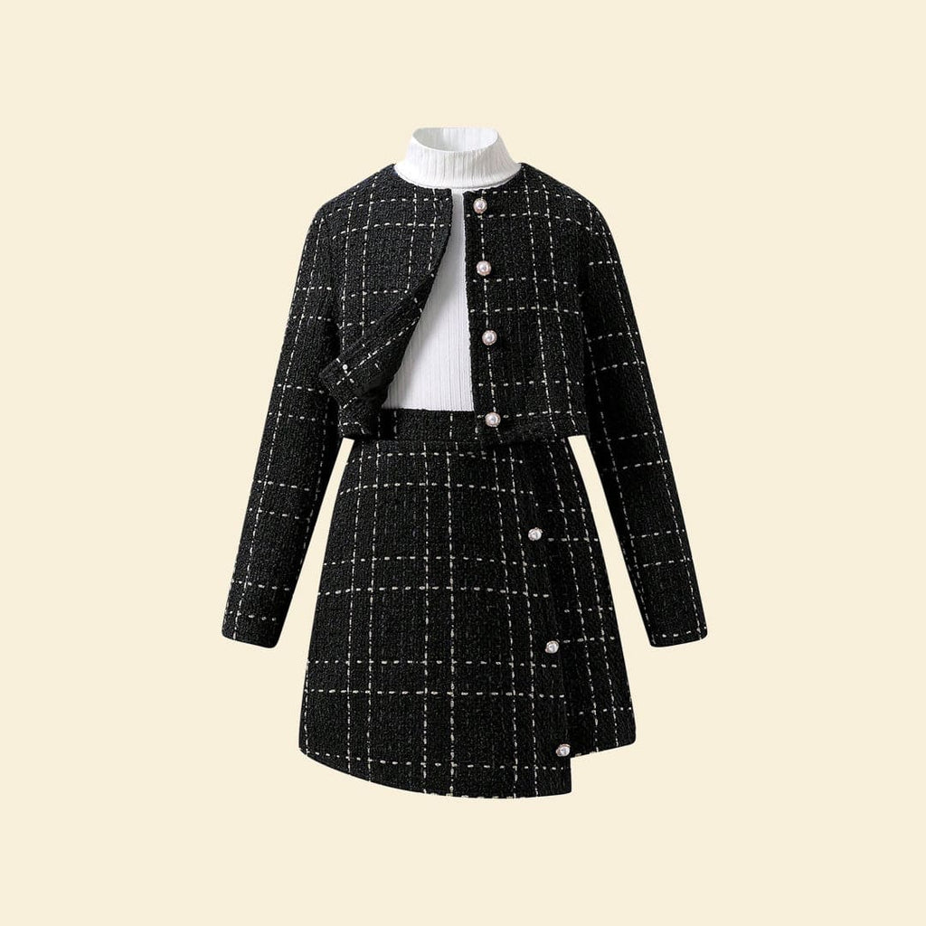 Girls Black High Neck Top with Textured Overlap Skirt & Waistcoat Set Sets   