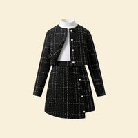 Girls Black High Neck Top with Textured Overlap Skirt & Waistcoat Set Sets   