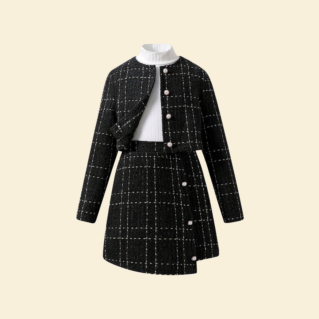 Girls Black High Neck Top with Textured Overlap Skirt & Waistcoat Set Sets   