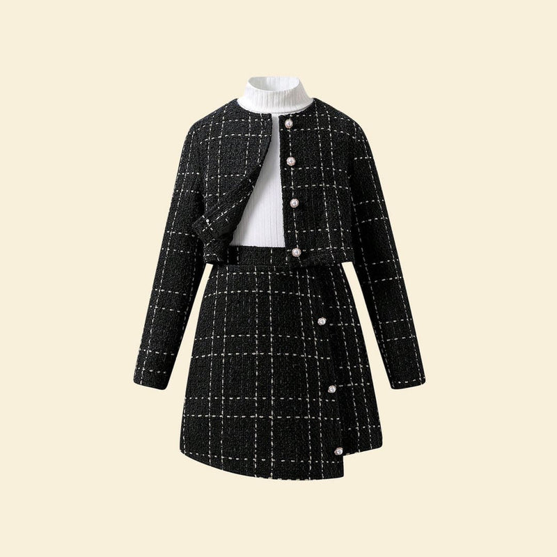 Girls Black High Neck Top with Textured Overlap Skirt & Waistcoat Set Sets   