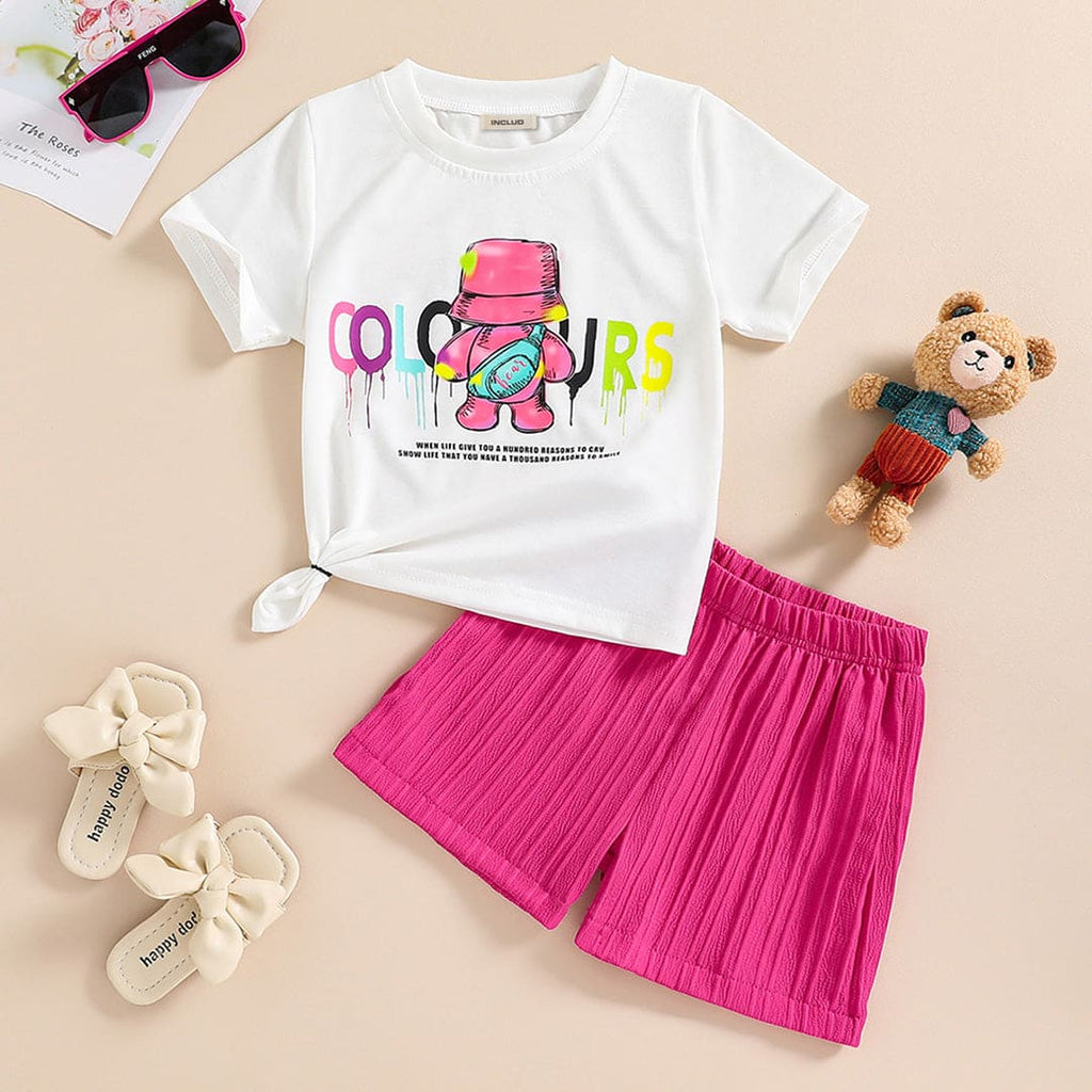 Girls Graphic Print Short Sleeves T-shirt with Shorts Set Sets White 4-5 Y 