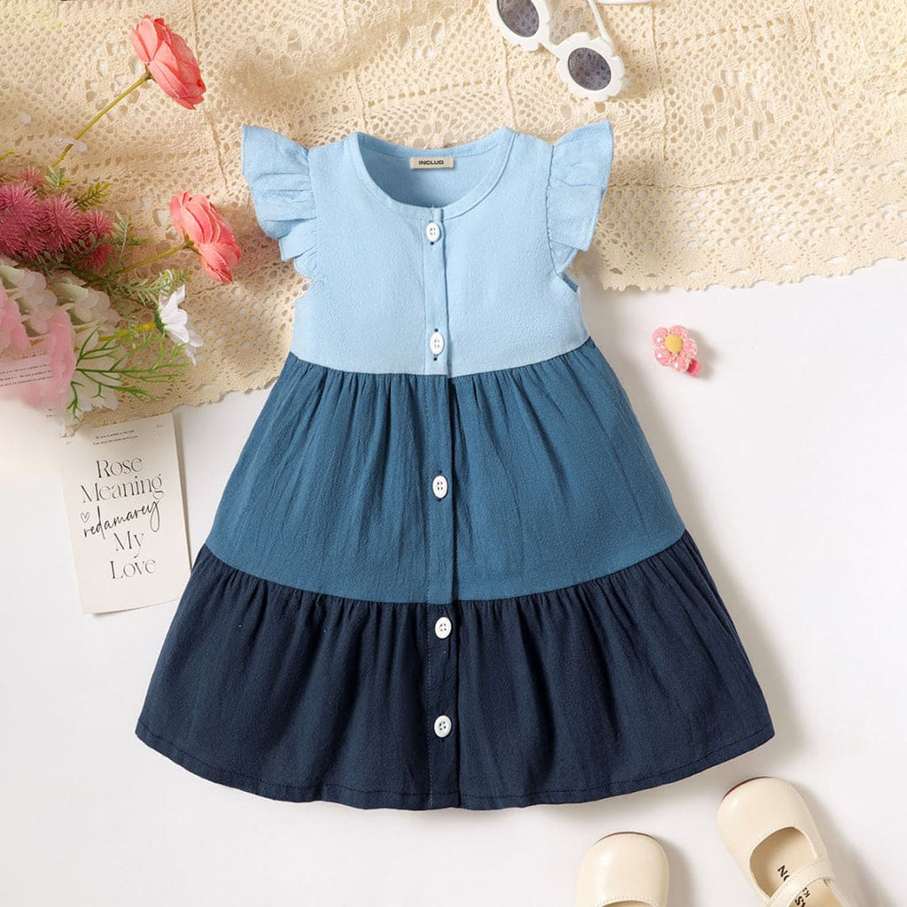 Girls Blue Flared Sleeves Tiered Dress Casual Dresses Blue 1-2 Y 