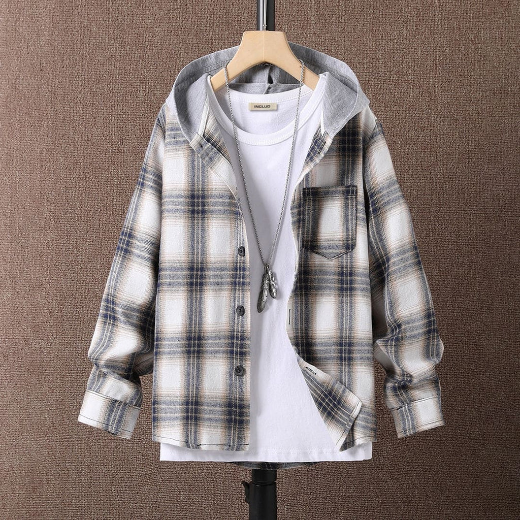 Girls Grey Checkered Print Full Sleeves Hooded Shirt Shirts Grey 8-9 Y 