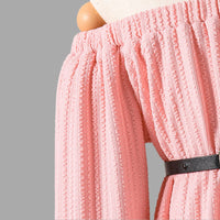 Girls Pink Textured Off Shoulder Sleeves Fit & Flare Dress Casual Dresses   