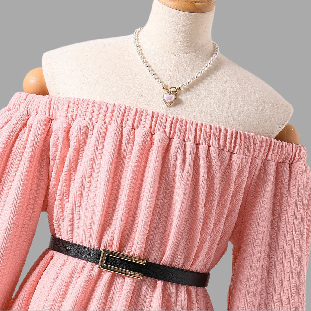 Girls Pink Textured Off Shoulder Sleeves Fit & Flare Dress Casual Dresses   
