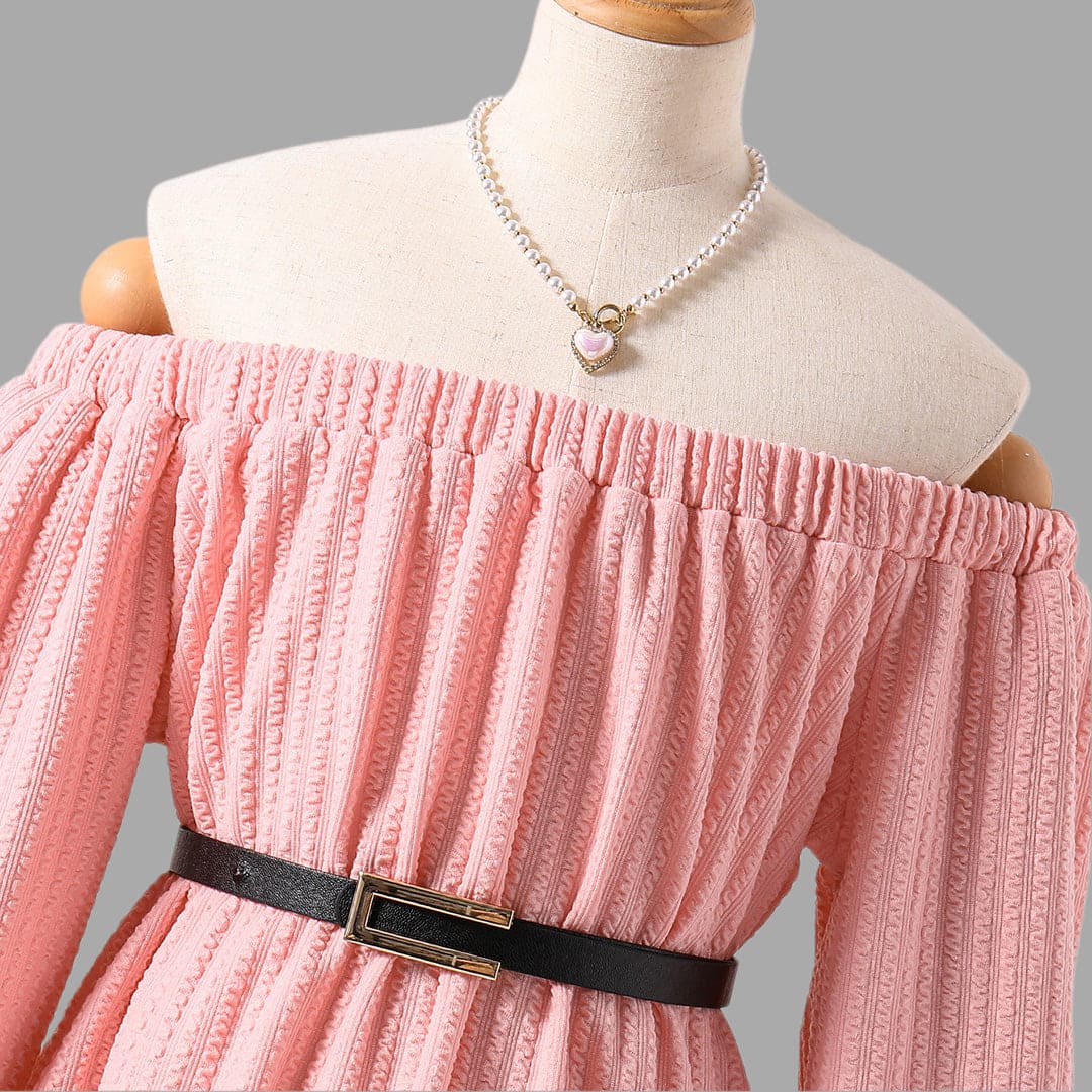 Girls Pink Textured Off Shoulder Sleeves Fit & Flare Dress Casual Dresses   