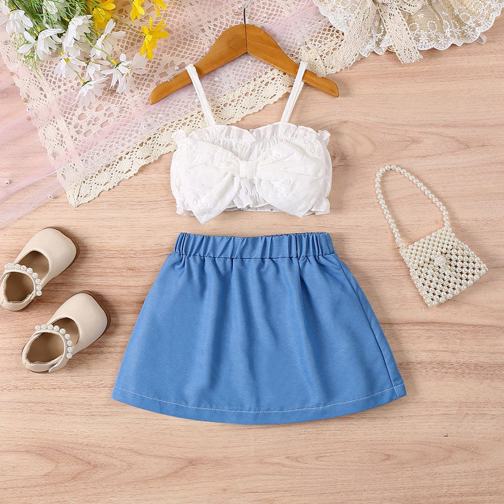 Girls Bow Applique Strappy Crop Top with Denim Skirt Set Sets White 1-2 Y 