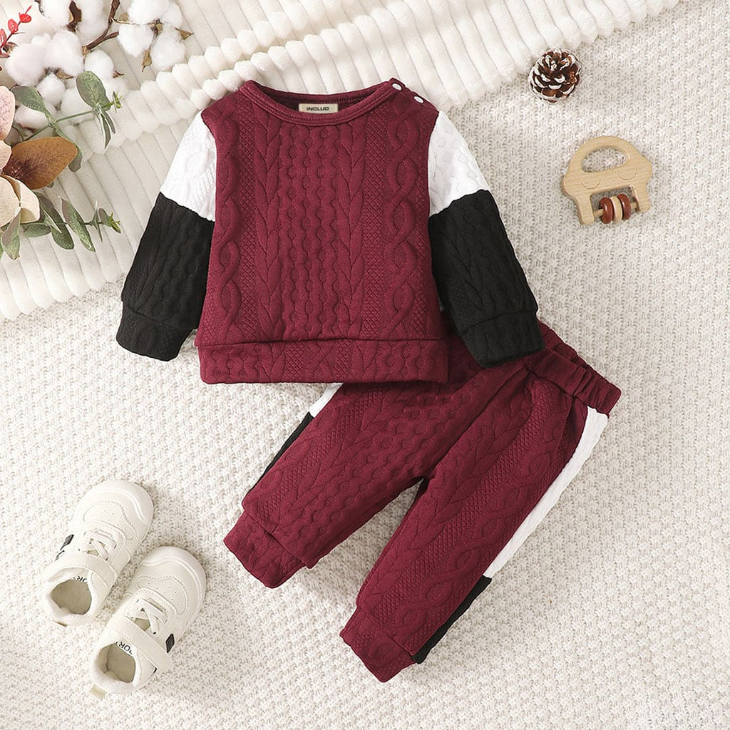 Boys Maroon Knitted Winterwear Sweater with Trouser Set Sets   