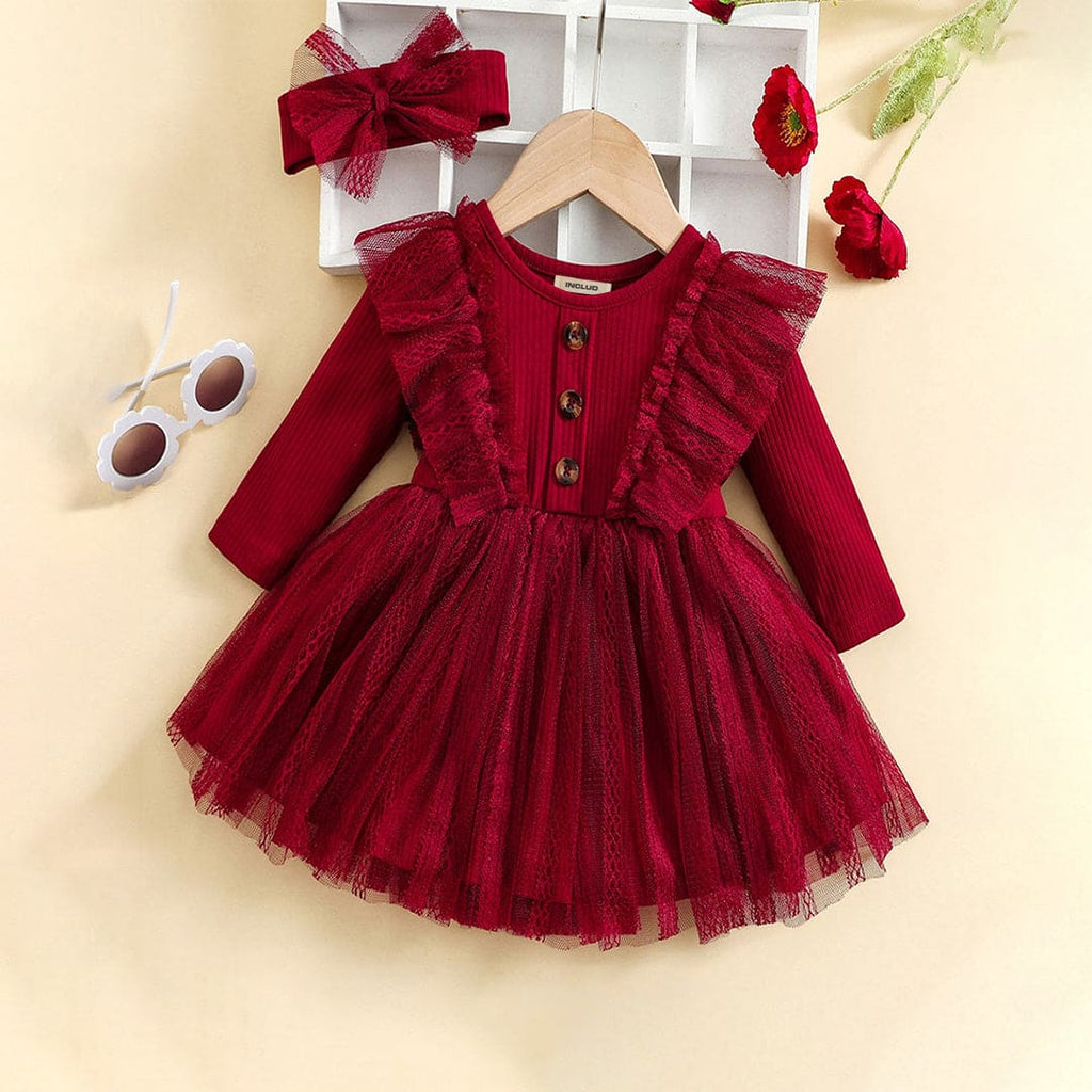 Girls Lace Flutter Neck Full Sleeves Fit & Flare Dress Casual Dresses Maroon 1-2 Y 