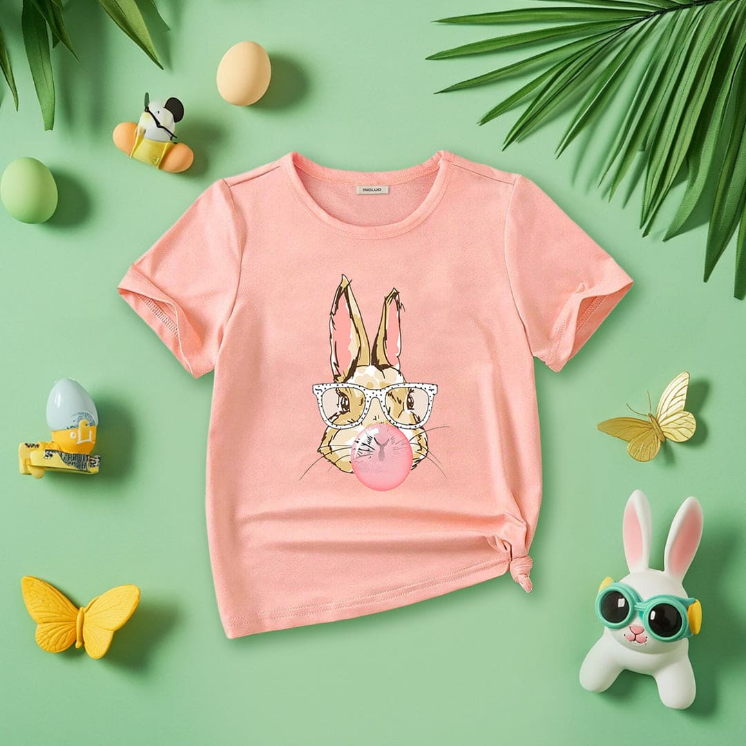 Girls Peach Rabbit Print Short Sleeves T-shirt Tshirts Peach 4-5 Y 