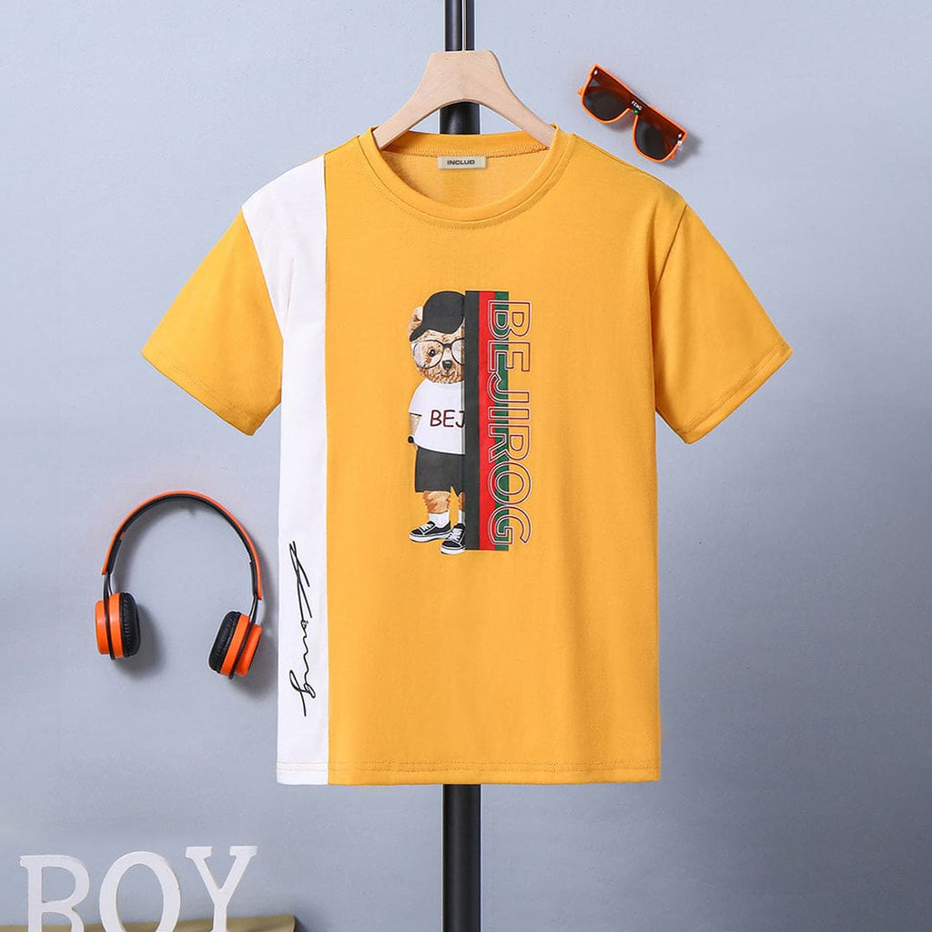 Boys Yellow Graphic Print Short Sleeves Round Neck T-shirt Tshirts Yellow 8-9 Y 