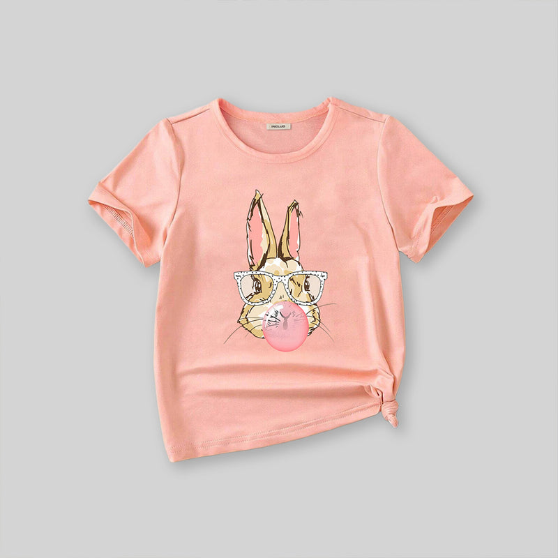 Girls Peach Rabbit Print Short Sleeves T-shirt Tshirts   