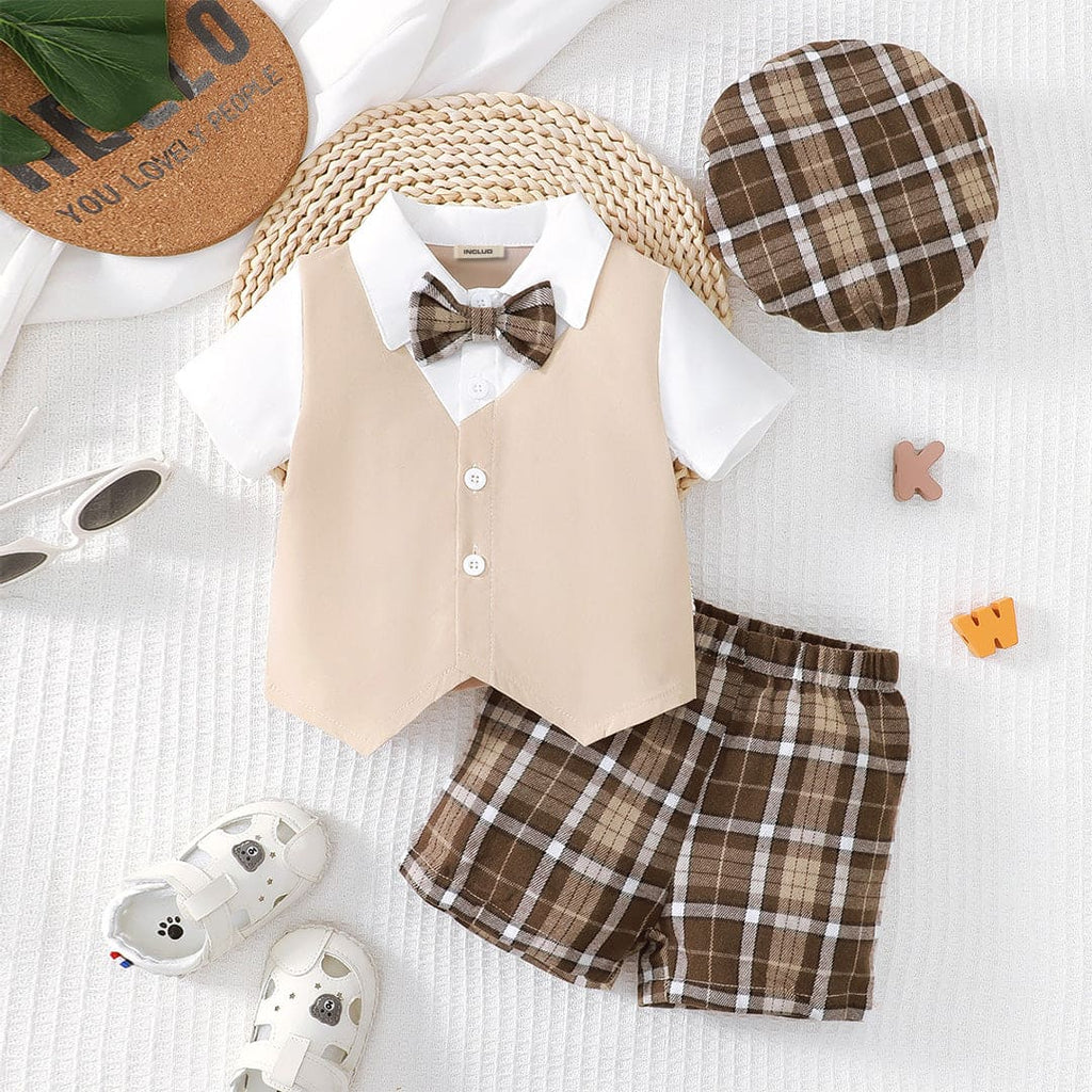 Boys Checkered Print Short Sleeves Shirt with Waistcoat & Shorts Set Sets Apricot 1-2 Y 