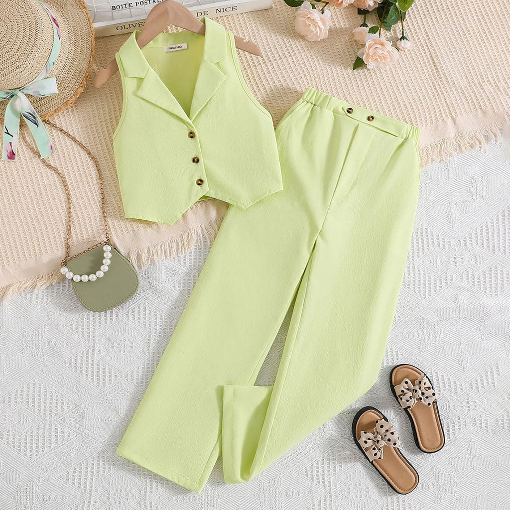 Girls Light Green Lapel Collar Waistcoat Top with Pants Set Sets Light Green 8-9 Y 