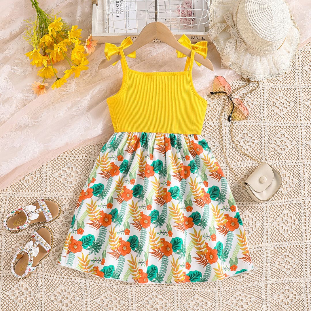 Girls Yellow Strappy Bow Floral Print Fit & Flare Dress Casual Dresses   