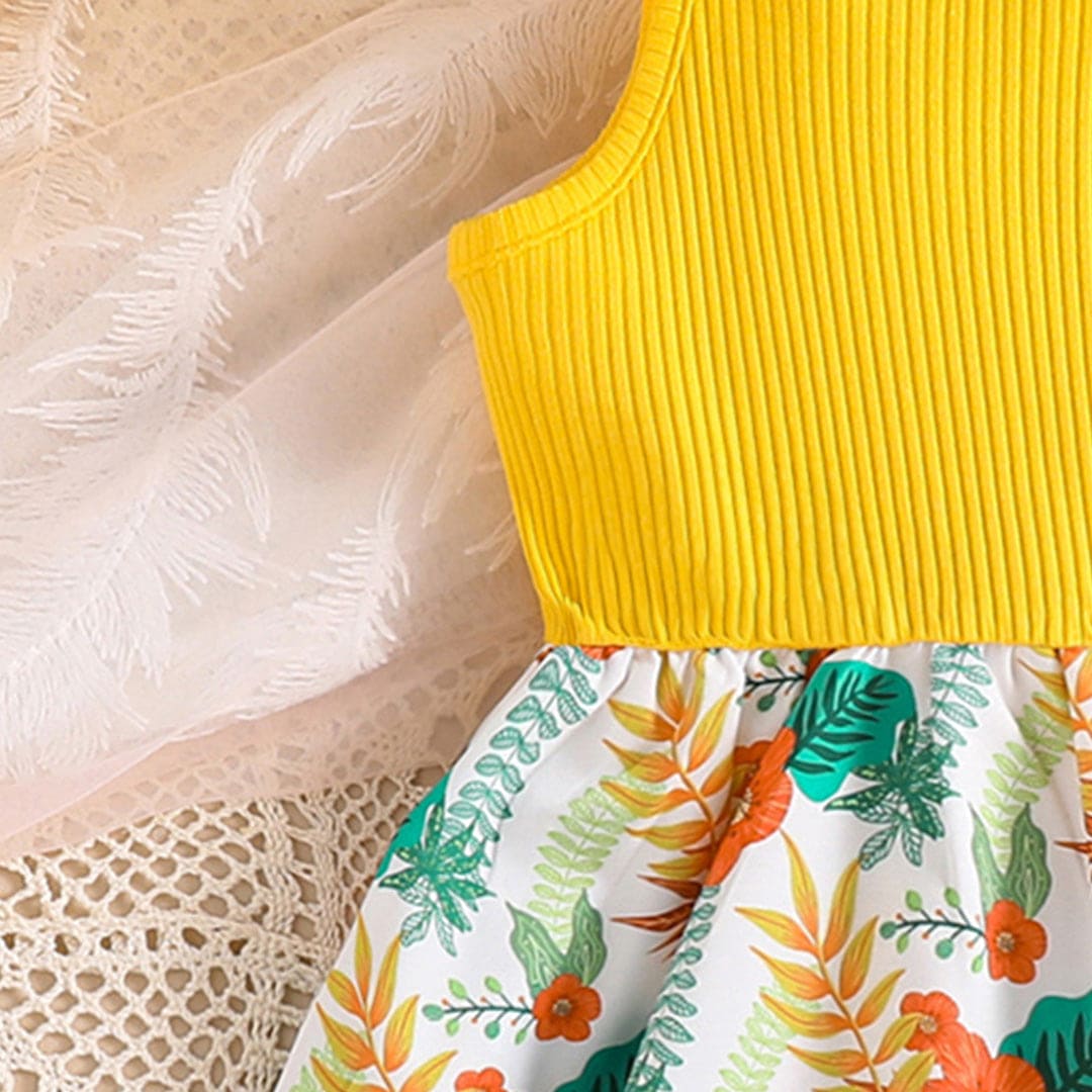Girls Yellow Strappy Bow Floral Print Fit & Flare Dress Casual Dresses   