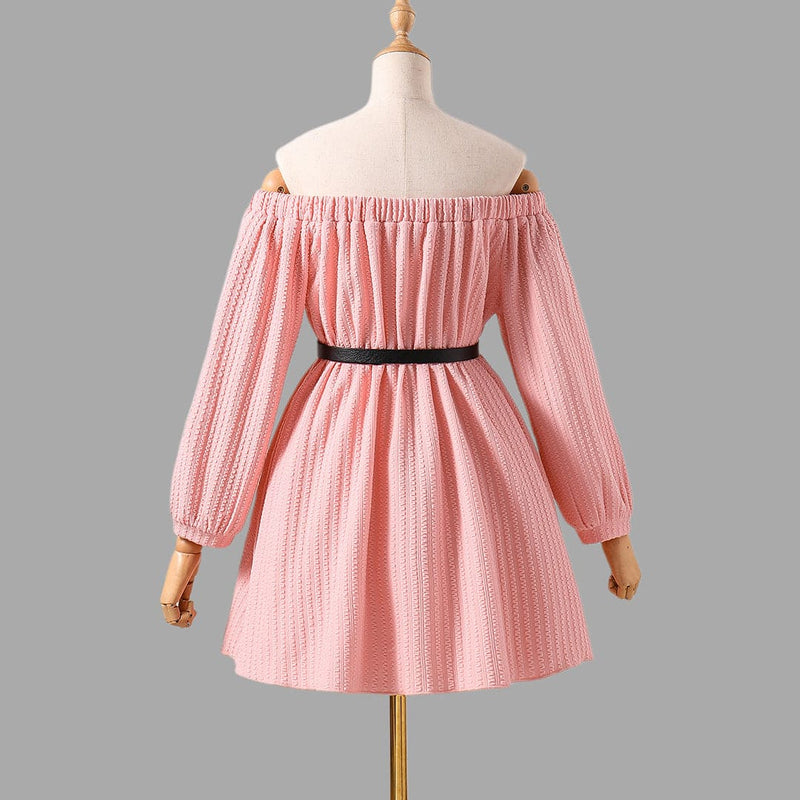 Girls Pink Textured Off Shoulder Sleeves Fit & Flare Dress Casual Dresses   