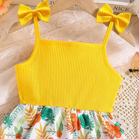 Girls Yellow Strappy Bow Floral Print Fit & Flare Dress Casual Dresses   