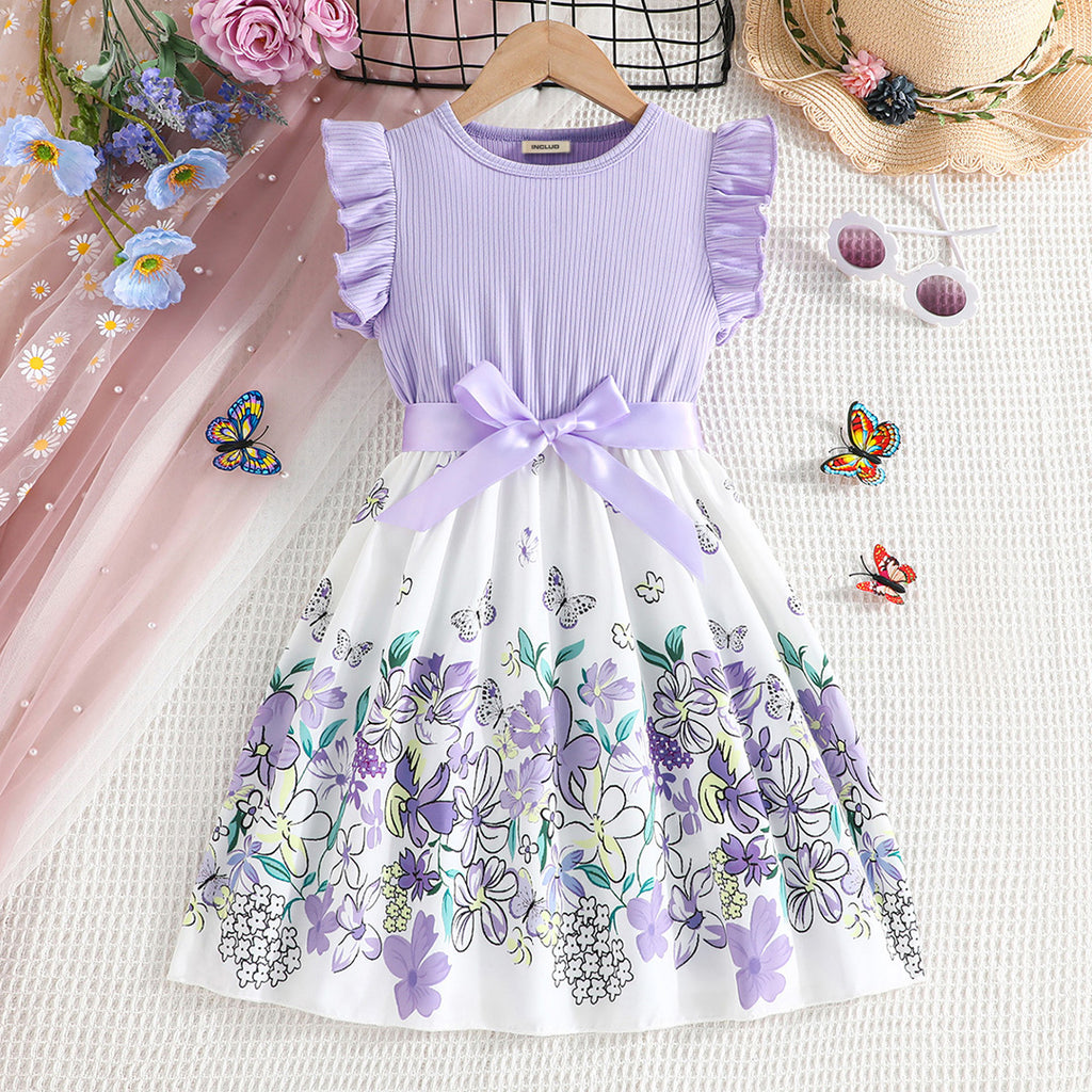 Girls Purple Floral Print Casual Dress Casual Dresses Purple 5-6 Y 