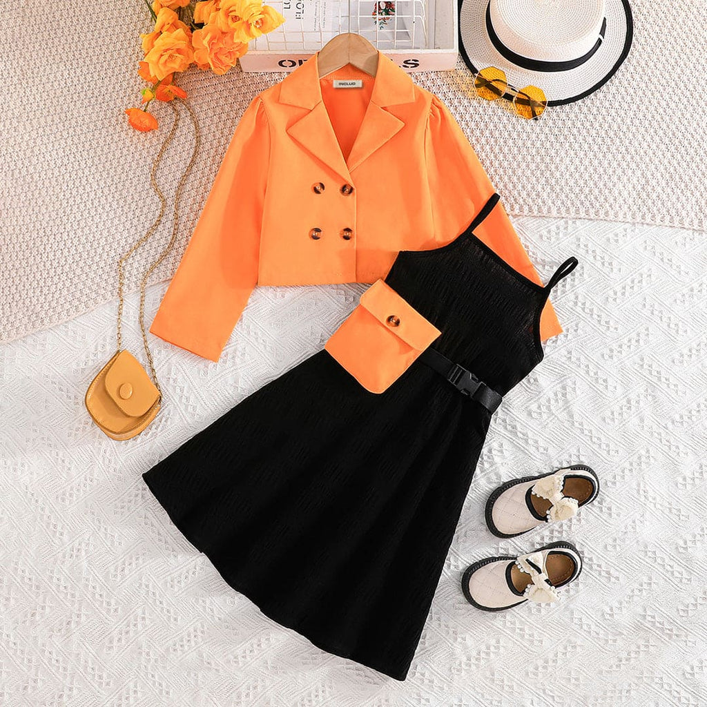 Girls Black Strappy Dress with Crop Blazer Set Casual Dresses Orange 5-6 Y 