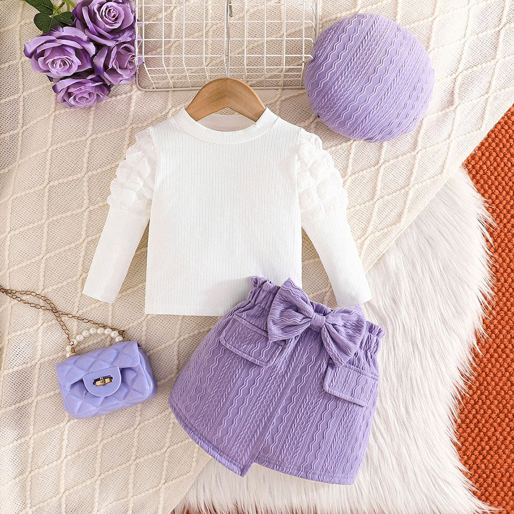 Girls Purple Puff Sleeves Top with Textured Skirt Set Sets Purple 6-9 M 