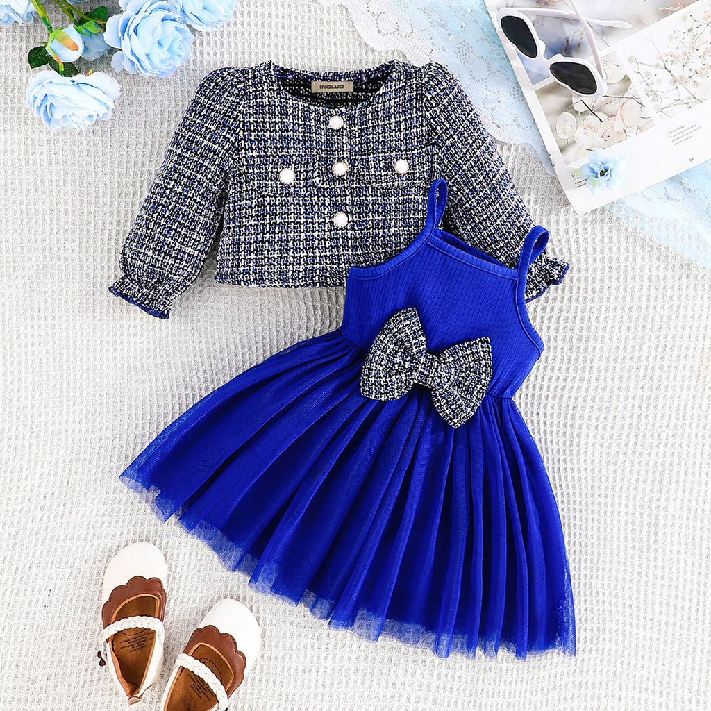 Girls Blue Sleeveless Tulle Dress with Tweed Blazer Set Party Dresses Blue 6-9 M 