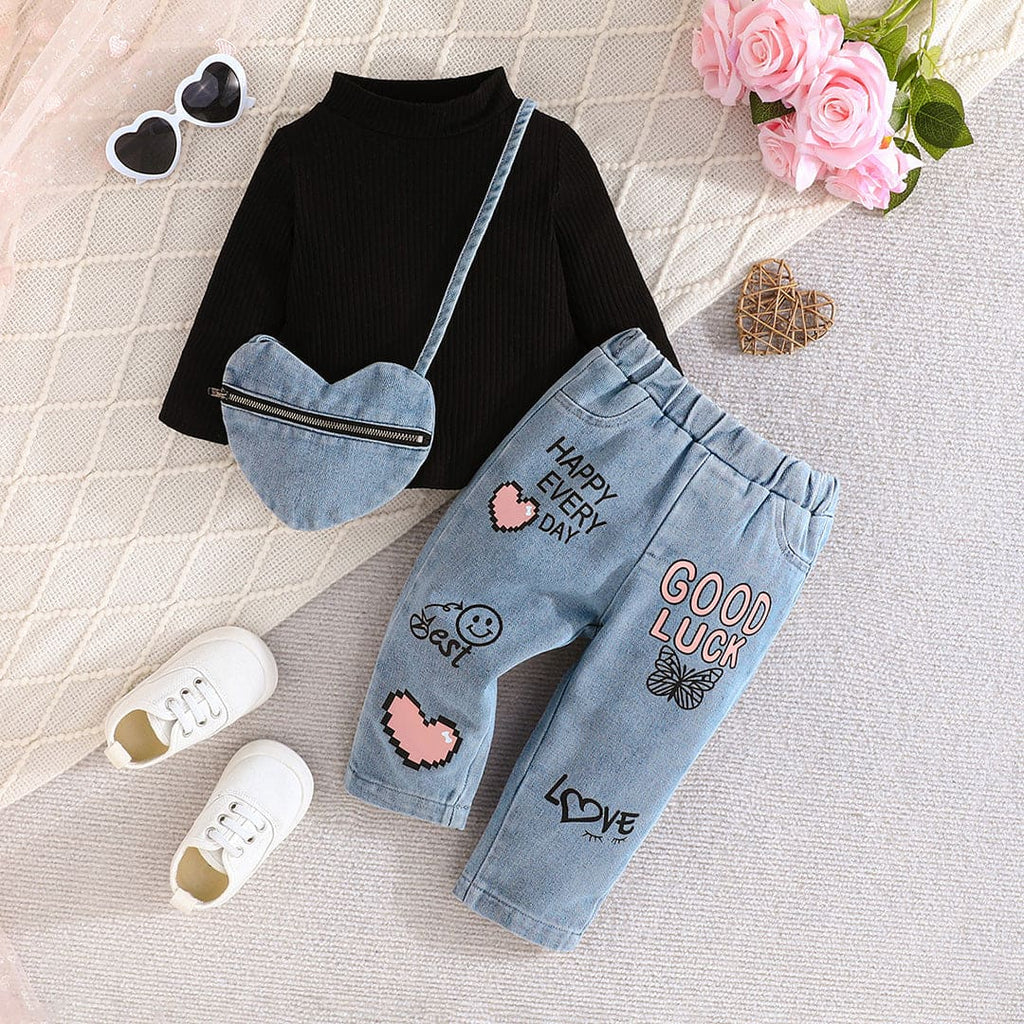 Girls Black High Neck Pullover with Printed Denim Set Sets Black 6-9 M 