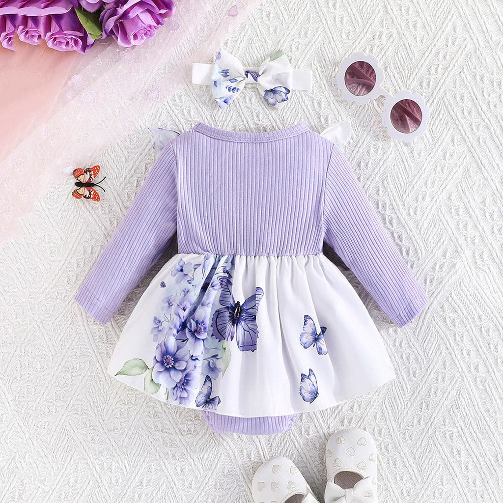 Girls Purple Long Sleeve Floral Printed Dress Casual Dresses Purple 0-3 M 