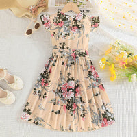 Girls Apricot Floral Print Pleated Casual Dress Casual Dresses   