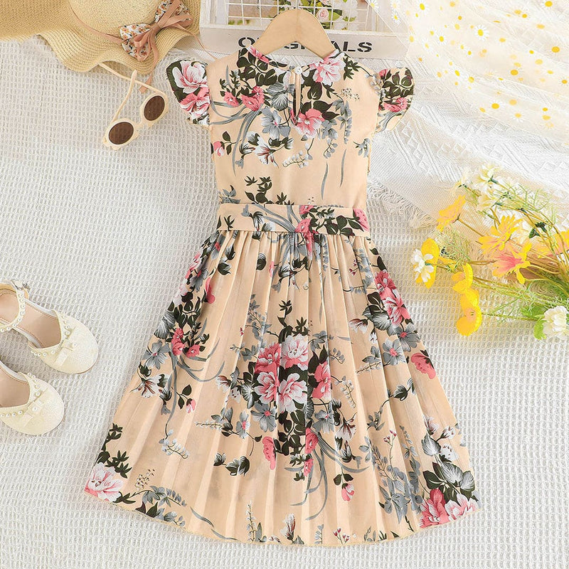 Girls Apricot Floral Print Pleated Casual Dress Casual Dresses   