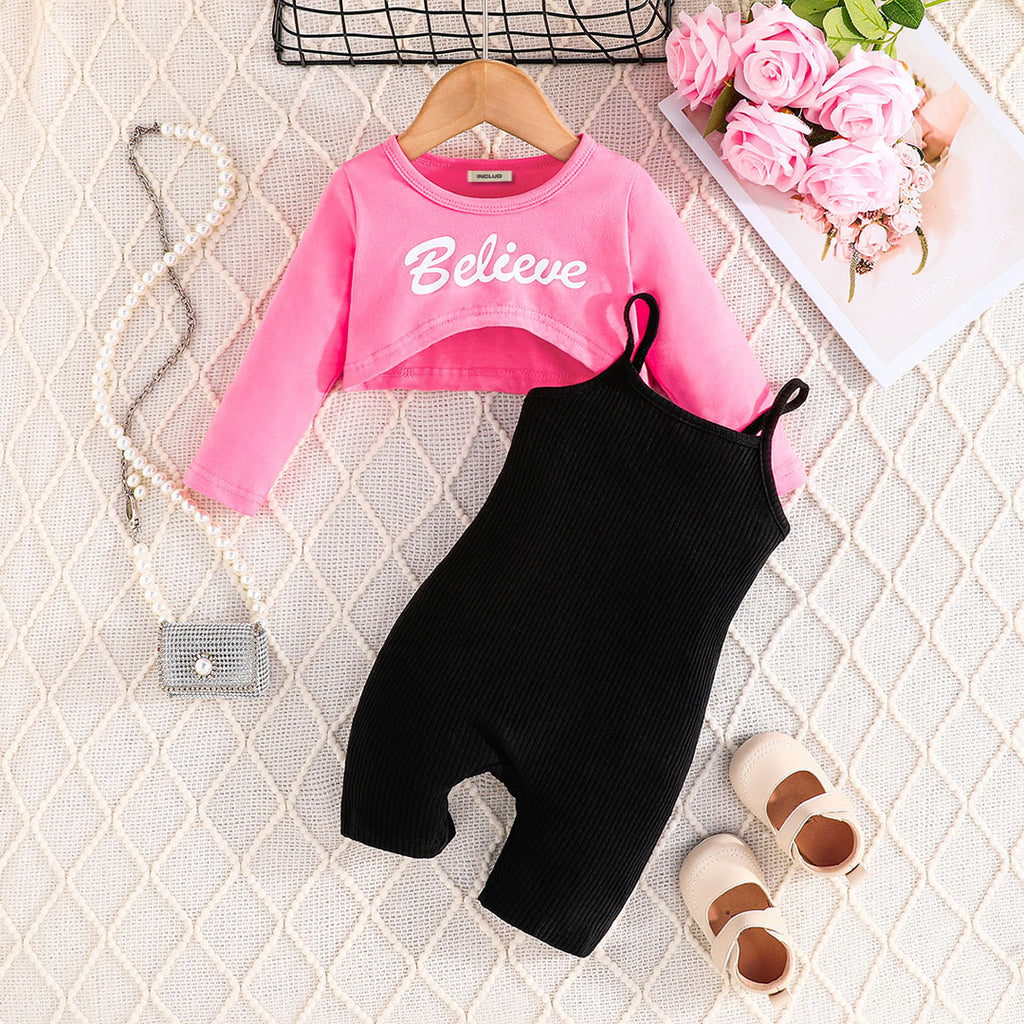 Girls Black Sleeveless Jumpsuit with Crop Top Set Jumpsuits Pink 6-9 M 