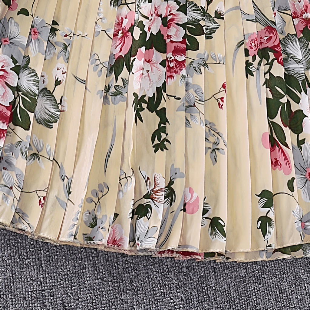 Girls Beige Floral Print Full Sleeves Pleated Casual Dress Casual Dresses   